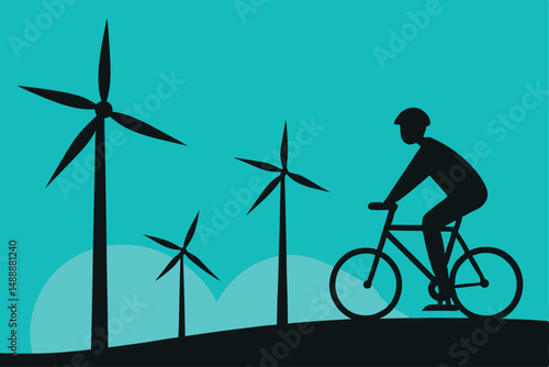 Renewable wind power turbine silhouette generating green energy against a blue sky