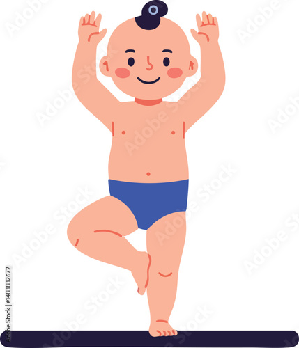 Baby boy practicing yoga balance pose in blue shorts on white background vector illustration 