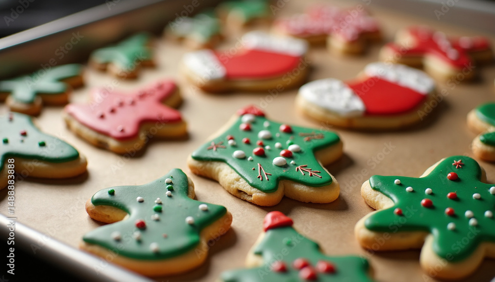 Fototapeta premium Festive Christmas Cookies Tray with Colorful Icing and Sprinkles