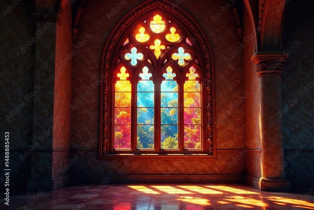 Obraz premium Sunlit arched window with stained glass, vibrant colors, design, sacred, luminous