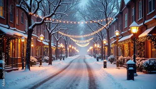 Festive Snowy City Street Illuminated with Christmas Lights at Night