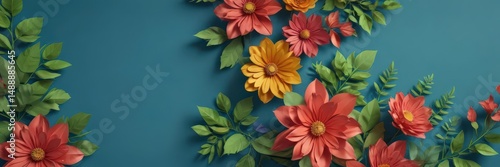 Vibrant paper flowers, green leaves, blue backdrop  Copy space available ,  photography,  top view,  colorful