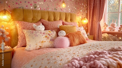 Cozy, girly bedroom with floral bedding and soft lighting