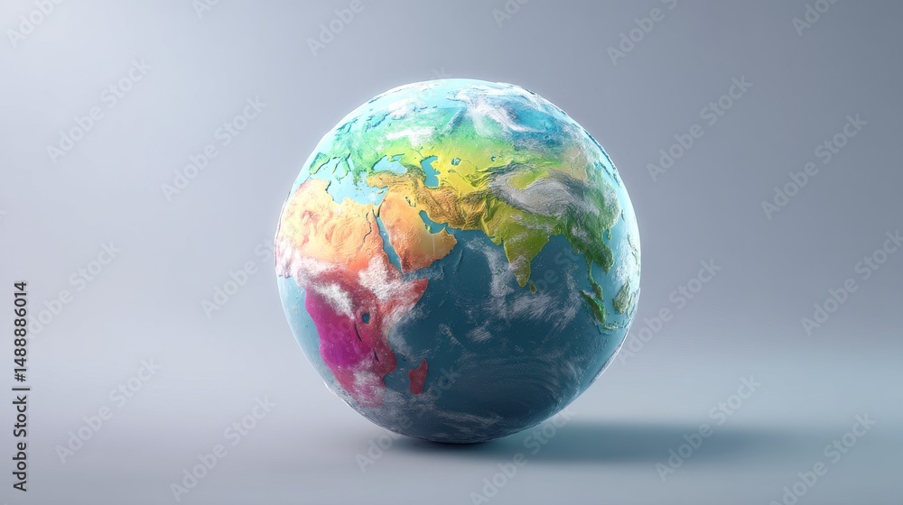 Colorful globe depicting continents in a 3D design on a minimal background. Colorful globe depicting continents in a 3D design on a minimal background.