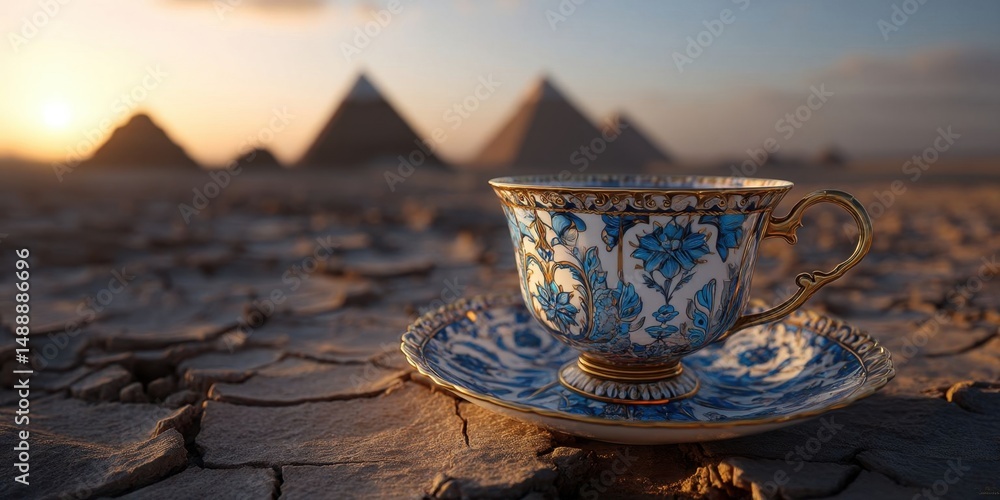 Fototapeta premium Ornate Teacup on Cracked Desert Earth at Sunset with Pyramids in Background