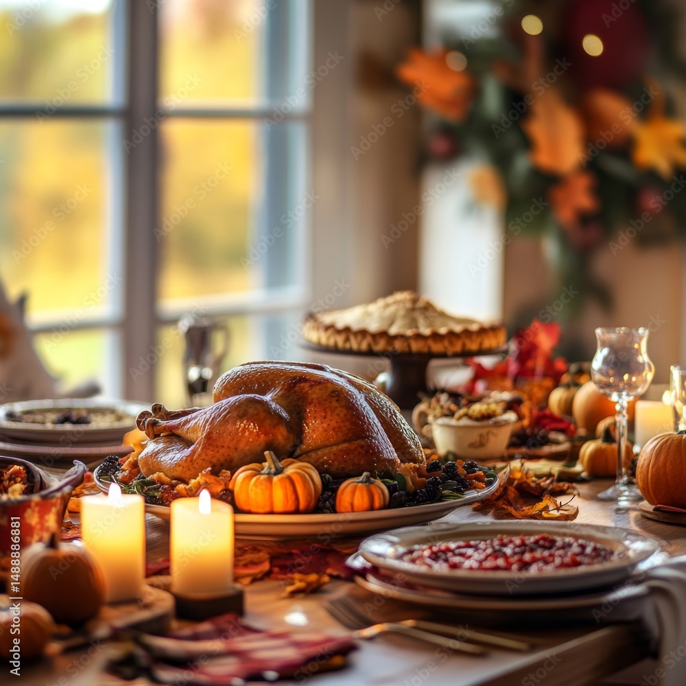 Naklejka premium A beautifully set Thanksgiving table featuring a roasted turkey, small pumpkins, cranberry sauce, and candles. The background shows autumn decorations and a warm atmosphere.