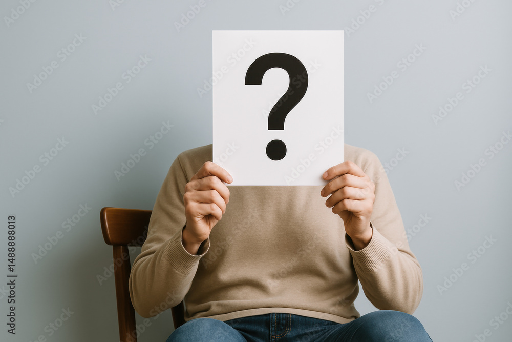 Person holding question mark sign over face while sitting on chair Person holding question mark sign over face while sitting on chair