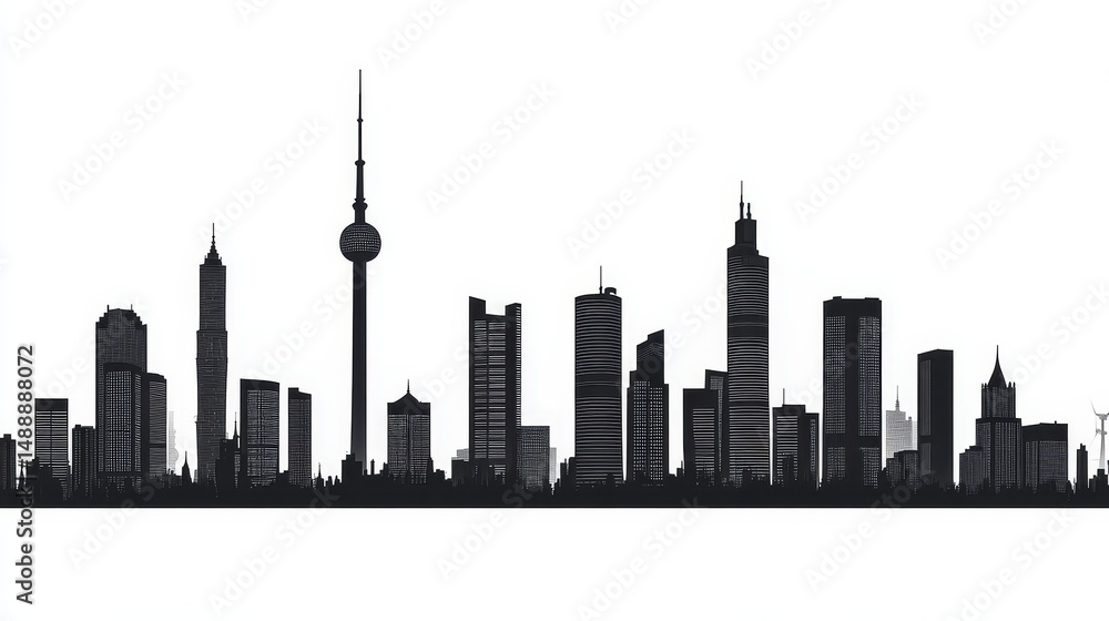 Fototapeta premium Isolated cityscape silhouette with detailed skyline outline on white background, modern urban architectural shapes featuring high-rise buildings and clear edges for creative design use.