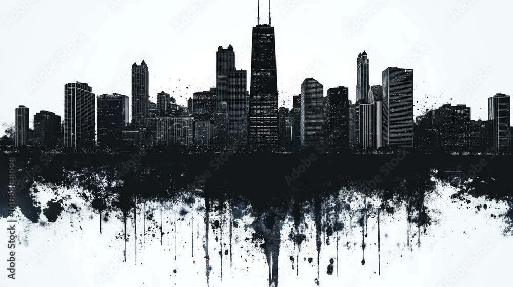 Obraz premium Isolated cityscape silhouette with detailed skyline outline on white background, modern urban architectural shapes featuring high-rise buildings and clear edges for creative design use.