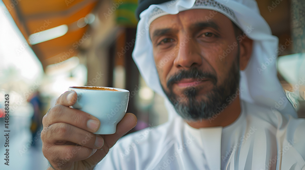 Man in traditional arabian dress holding a small cup of coffee outdoors in a blurred background scene Man in traditional arabian dress holding a small cup of coffee outdoors in a blurred background scene