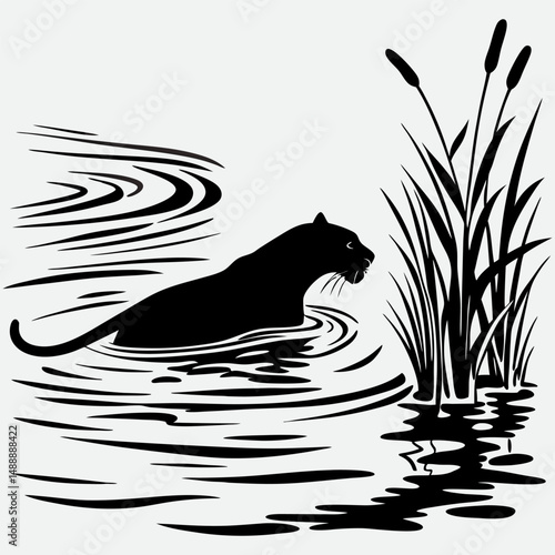 A tiger swimming across a river with rippling water reflections and reeds  image silhouette design vector art and illustration
