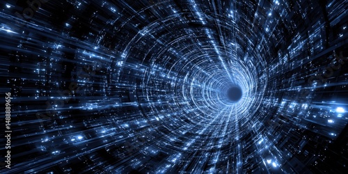 Abstract digital tunnel of glowing blue light streaks and data streams. Futuristic technology concept.