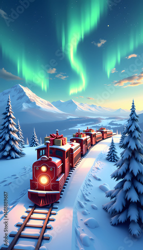 Christmas train journey through snowy mountains under aurora borealis, for holiday cards