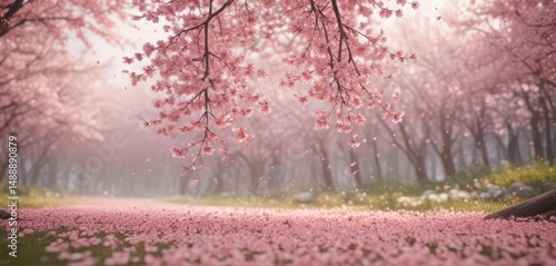 Falling sakura petals create a gentle pink haze against a blurred spring scene ,  serenity,  bloom