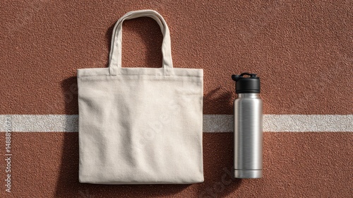 Tote bag and reusable water bottle lying on running track promoting sustainability
