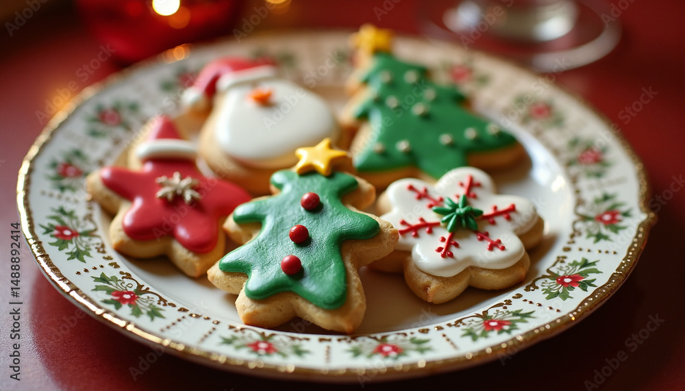 Fototapeta premium Colorful Festive Christmas Cookies on Decorative Plate