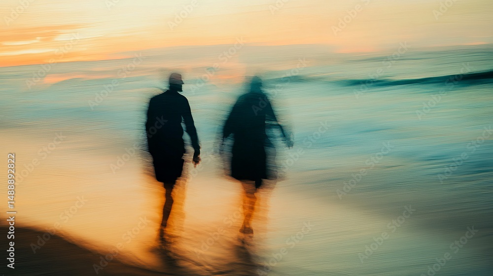 Fototapeta premium Silhouette Couple Walking Ocean Beach Sunset Blurred Motion Artistic Image Peaceful Tranquil Romantic Love Summer Vacation Travel Photography sea sky sand blue