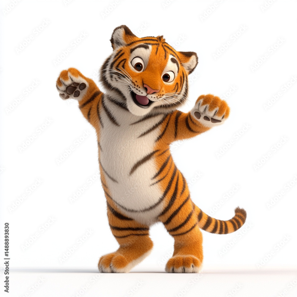 Obraz premium A cheerful cartoon tiger cub stands on its hind legs, arms outstretched in a welcoming gesture, set against a clean, white background.
