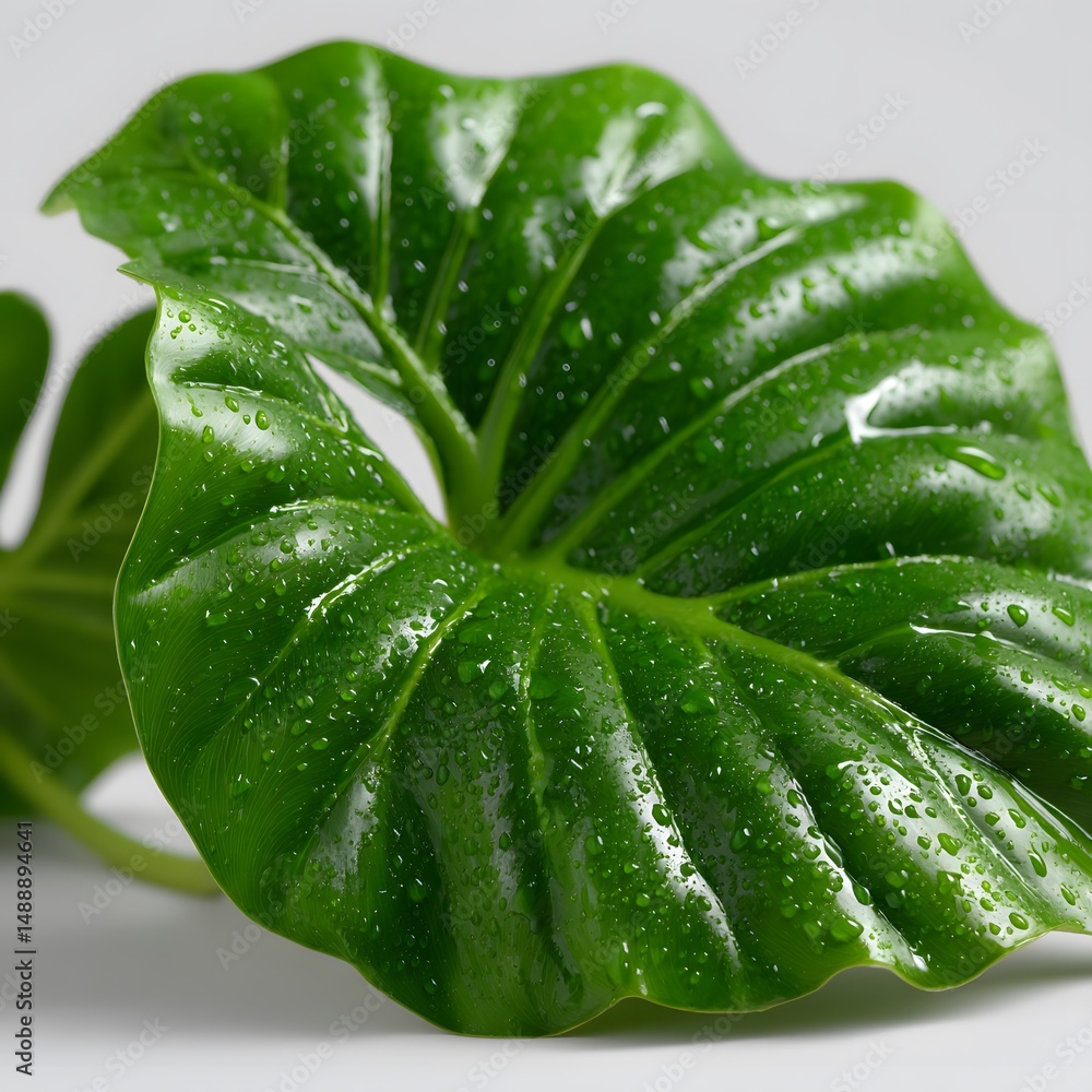 Obraz premium Close-up of a vibrant green leaf with water droplets (1)