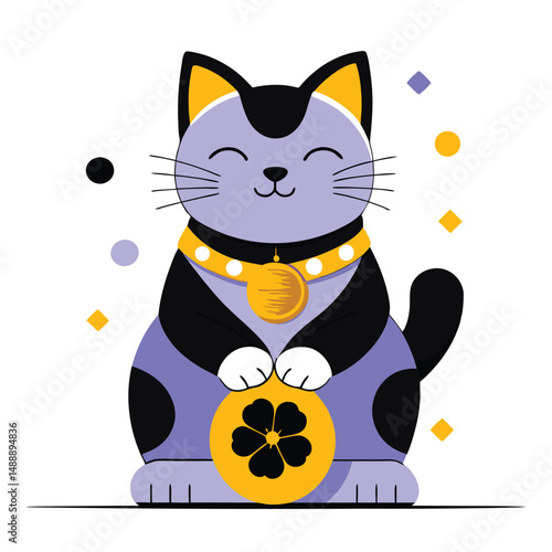 Concept Illustration of a Waving Lucky Cat with Prosperity Symbols