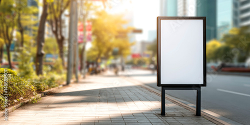 Blank advertising sign on a city sidewalk with a blurred urban background and soft natural daylight, ideal for mockups