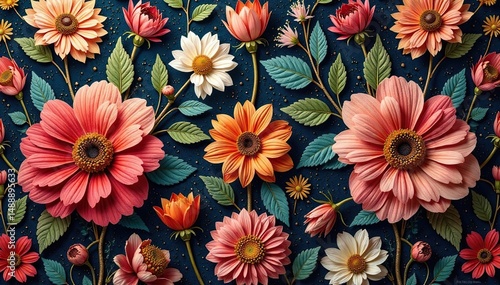 Intricate floral tapestry, rich textures, repeating design, bloom, illustration, motif