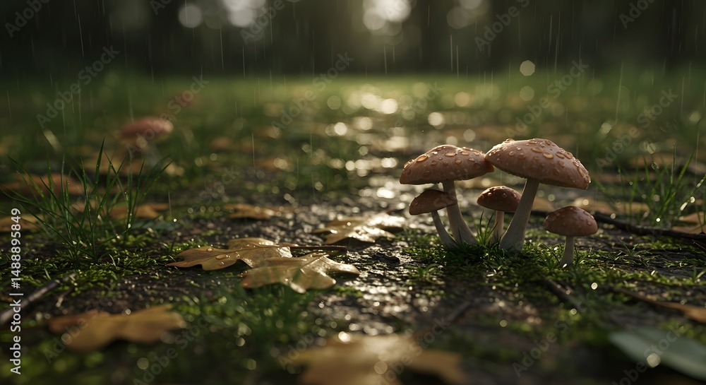 Fototapeta premium Enchanted Forest Mushrooms in the Rain - Autumnal Scene