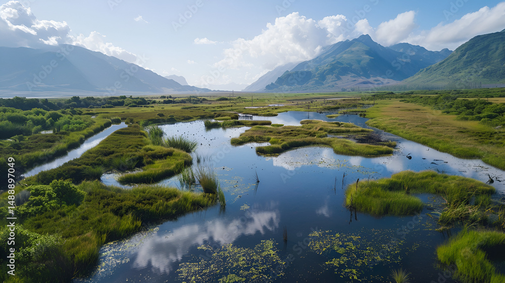 Fototapeta premium Aerial view of a lush green wetland with waterways and distant mountains under a cloudy sky