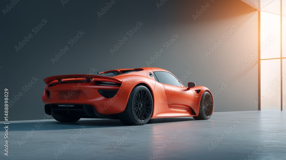 Fototapeta premium Sleek orange sports car parked in modern interior with dramatic lighting.
