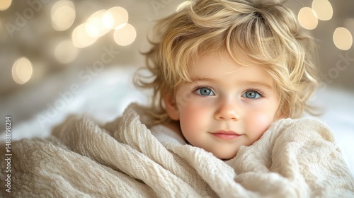 Sweet toddler, wrapped in beige blanket