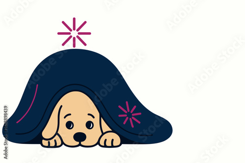 Puppy hiding under a blanket with stars, looking anxious  