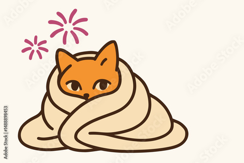 Cozy orange cat wrapped in blanket with sparkles in background  
