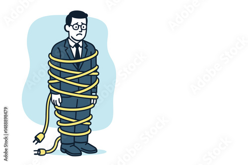 Office worker wrapped in electrical cords looking confused in illustration  
