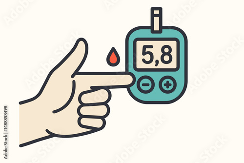 Hand holding glucometer displaying blood sugar level with drop  