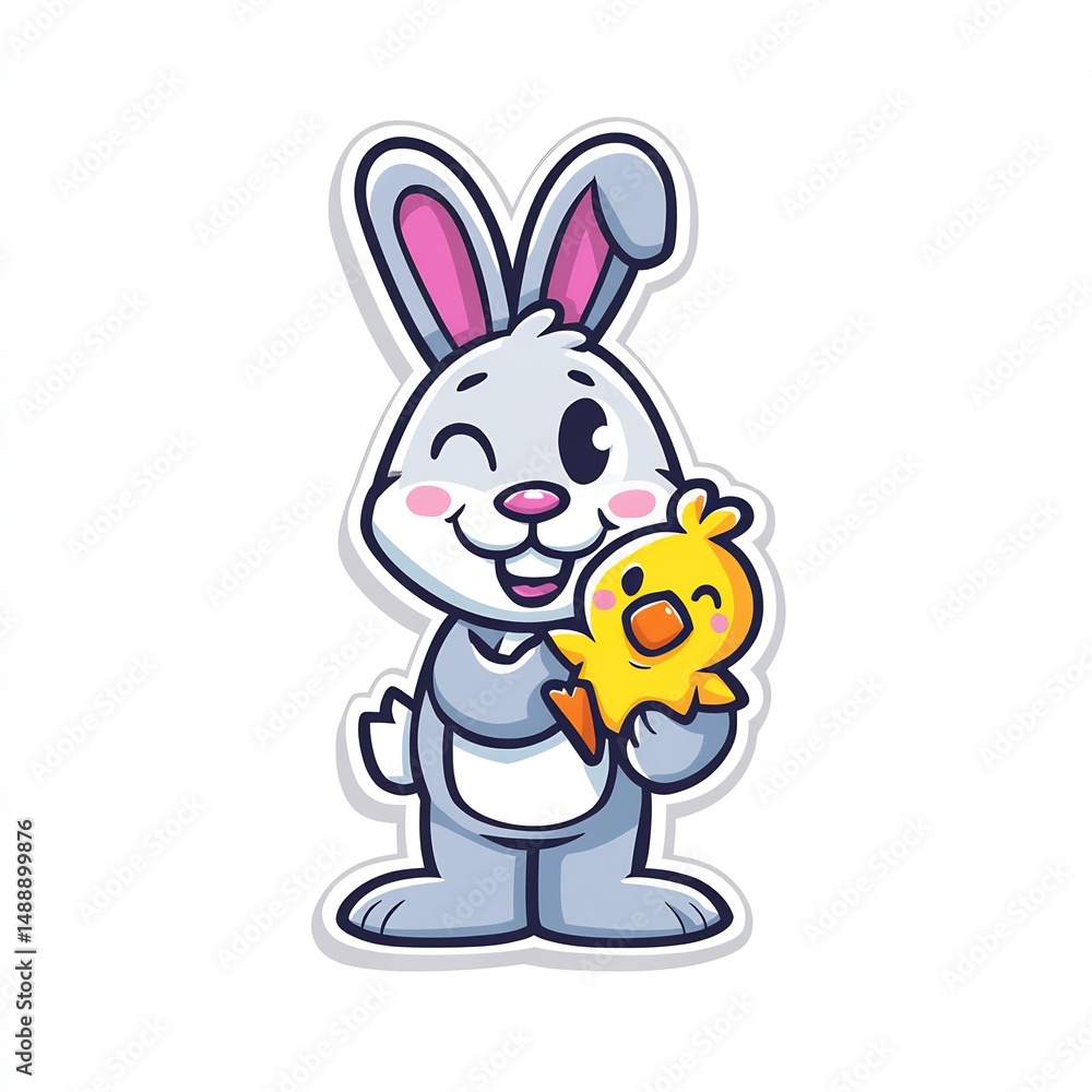 Obraz premium Smiling Easter Bunny with Tiny Chick Outline