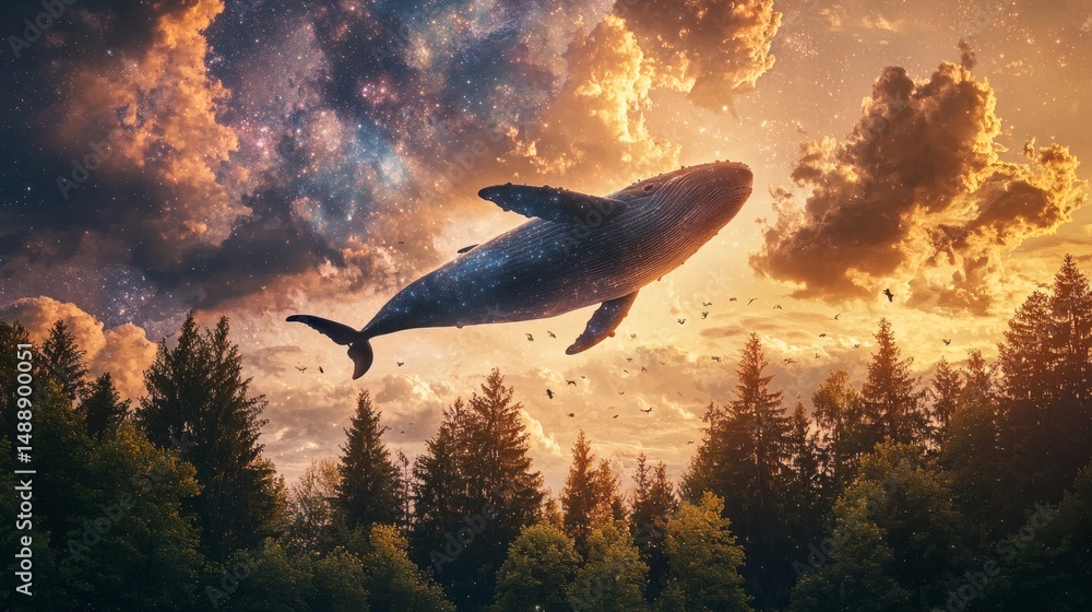 Fototapeta premium 65. Cosmic whale swimming through a galaxy sky above forest