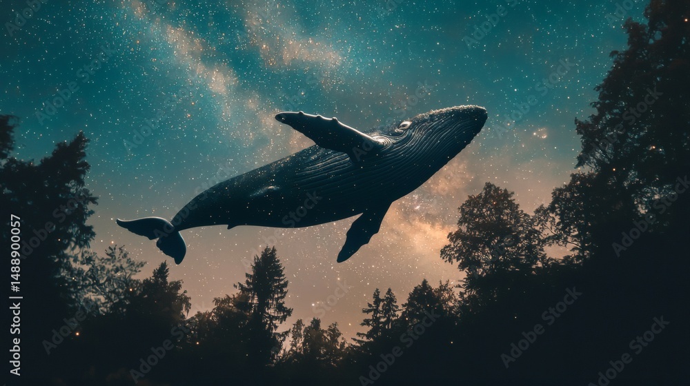 Fototapeta premium 65. Cosmic whale swimming through a galaxy sky above forest