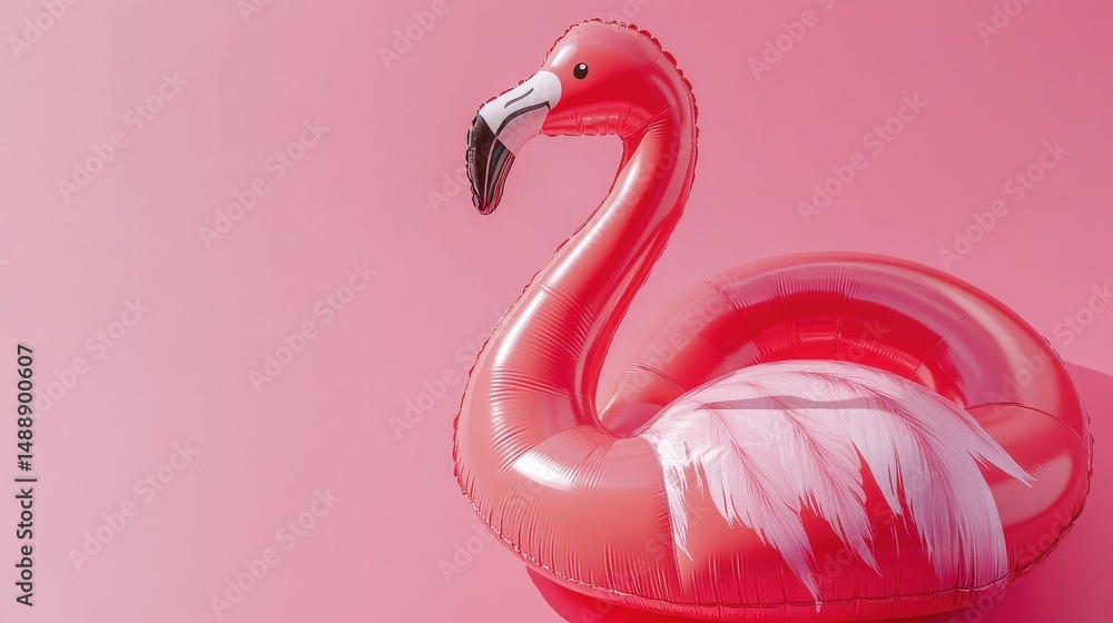 Fototapeta premium Pool float inflatable in flamingo shape, pink, isolated on white 