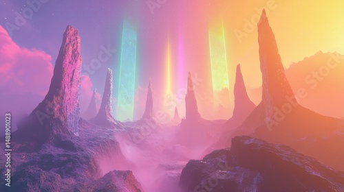 82. Rainbow fog enveloping a tranquil alien landscape
