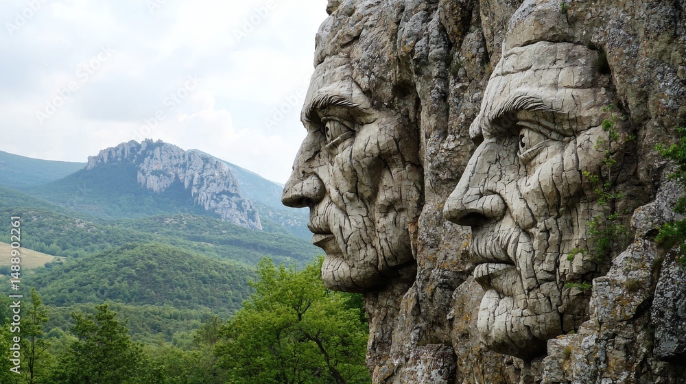 Obraz premium 111. Towering cliffs shaped like faces watching over the valley