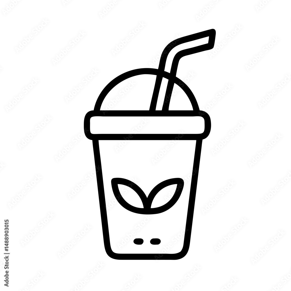 Line art of green smoothie in plastic cup with straw Line art of green smoothie in plastic cup with straw