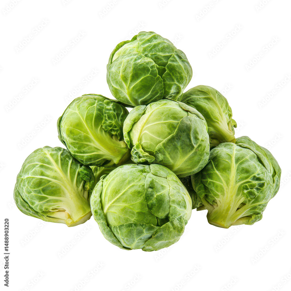 Fresh brussel sprouts stacked on a white background, showcasing their vibrant green color and texture, Group of Brussel Sprouts isolated on white background Fresh brussel sprouts stacked on a white background, showcasing their vibrant green color and texture, Group of Brussel Sprouts isolated on white background