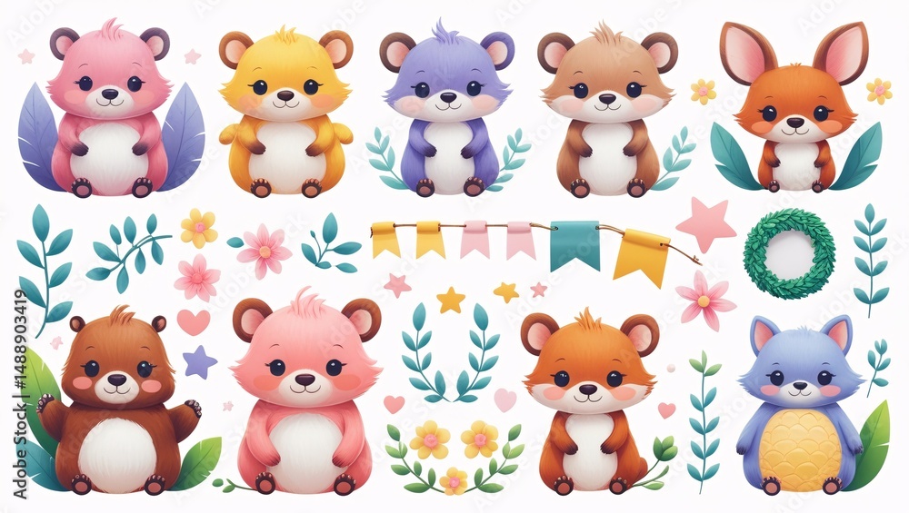 Fototapeta premium Cartoon animals and floral elements isolated on a white background