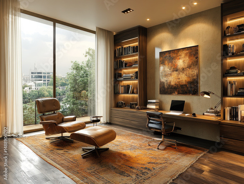 Elegant home office with leather lounge chair, built-in bookshelves, warm lighting, and large window, blending luxury and productivity in one space.  
