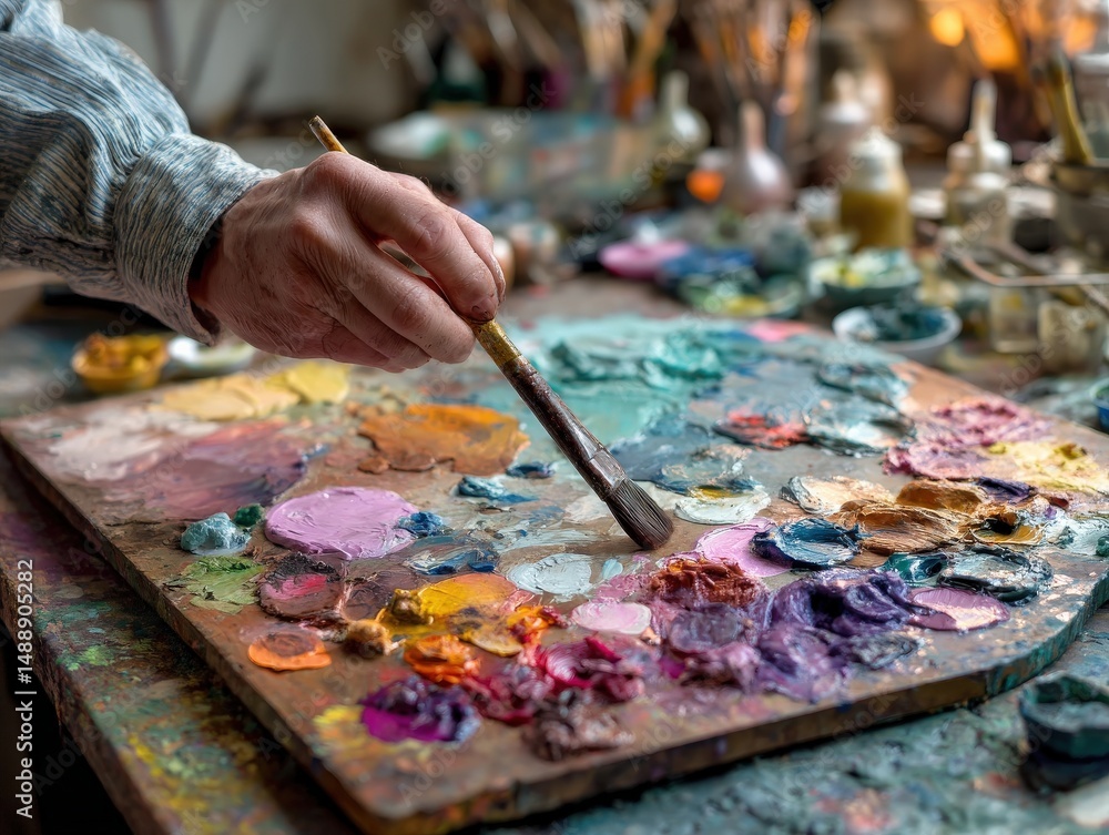 Close-up of an artist's hand mixing paint on a palette, showcasing vibrant colors and textures. The artist's focused expression and the rich hues create a captivating scene. Close-up of an artist's hand mixing paint on a palette, showcasing vibrant colors and textures. The artist's focused expression and the rich hues create a captivating scene.