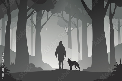 People walking in the park at night, their silhouettes against the moonlit sky, a family enjoying nature's tranquil landscape