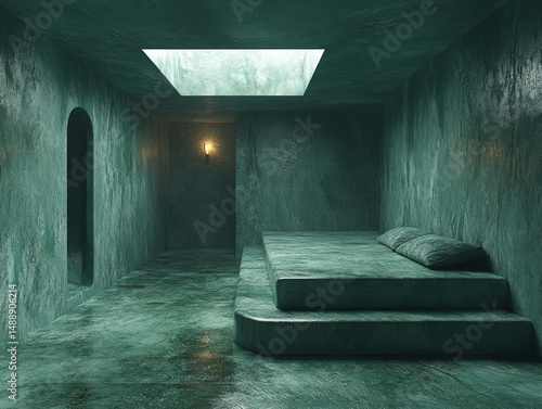 Minimalist, modern bedroom with textured green walls, a skylight, and simple platform bed, creating a serene, atmospheric retreat with a touch of architectural artistry.  
