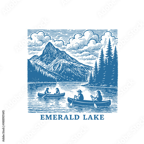 Emerald Lake in Alberta Canada with Tourists Vector Drawing for Travel Posters Nature Prints Adventure Souvenirs Brochures and Stickers Download it Now in High Resolution Format and Print it in Any Si