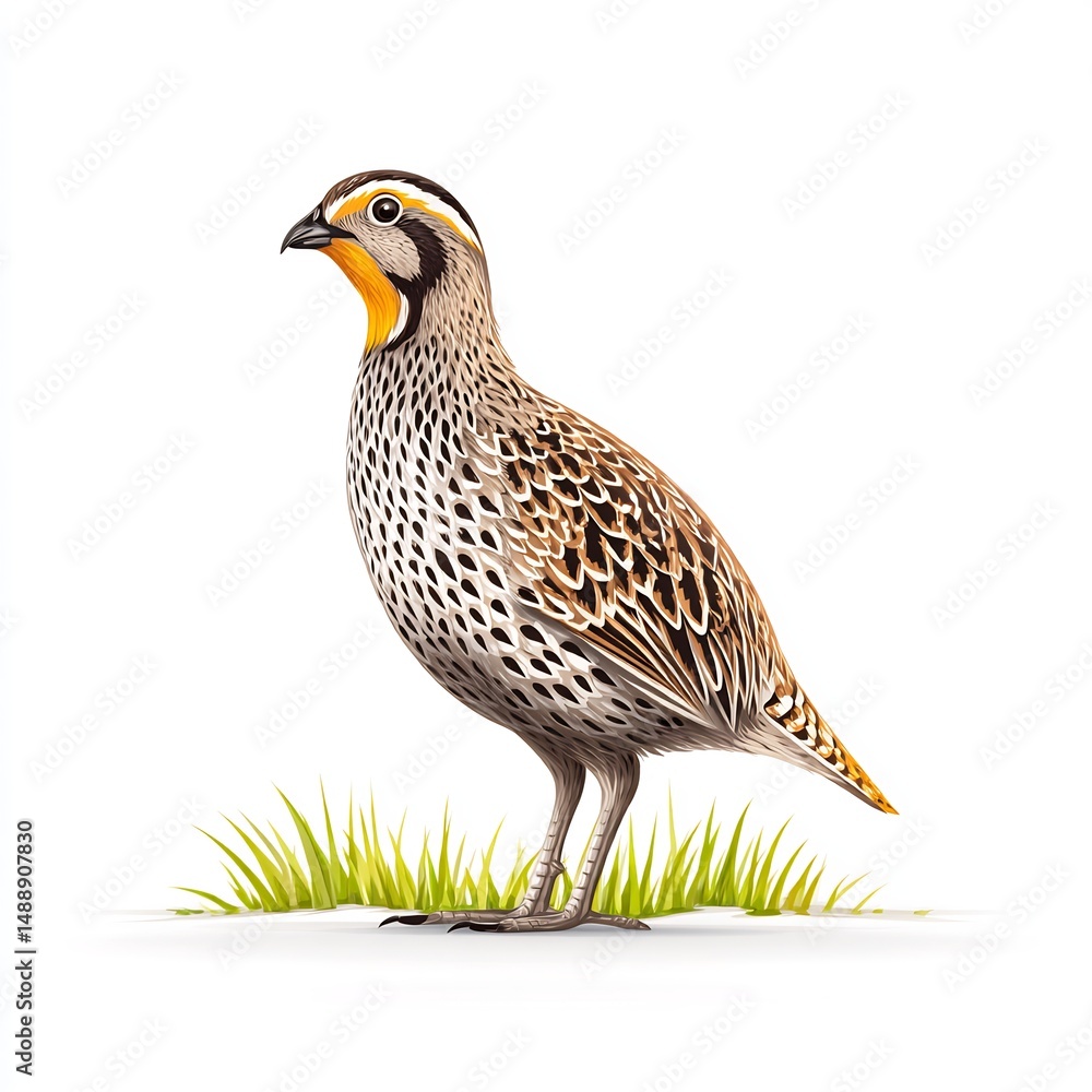 Fototapeta premium Quail standing in grass, on white background