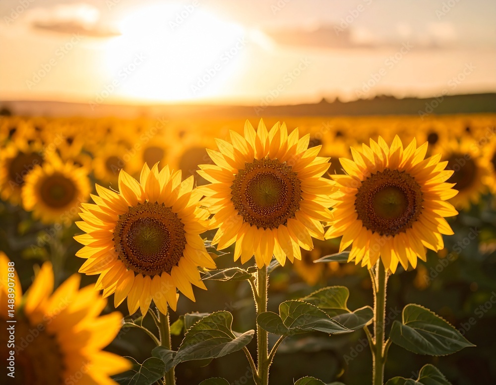 Fototapeta premium A field of sunflowers gently swaying in the wind at sunset